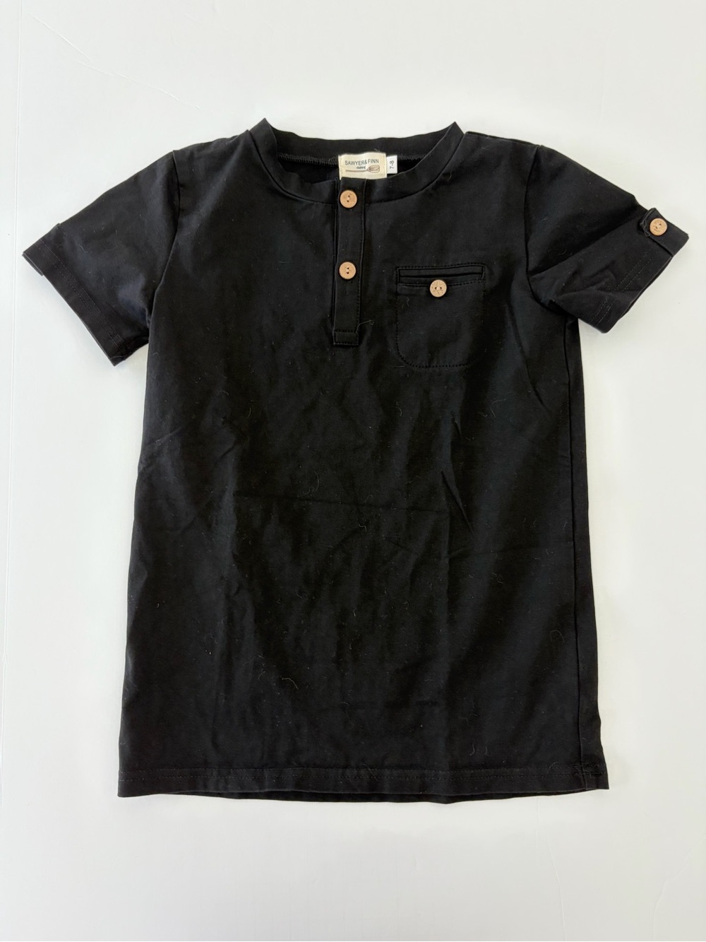 Sawyer & Finn Boys Black Cotton Short Sleeve T-Shirt Casual Henley Made In USA